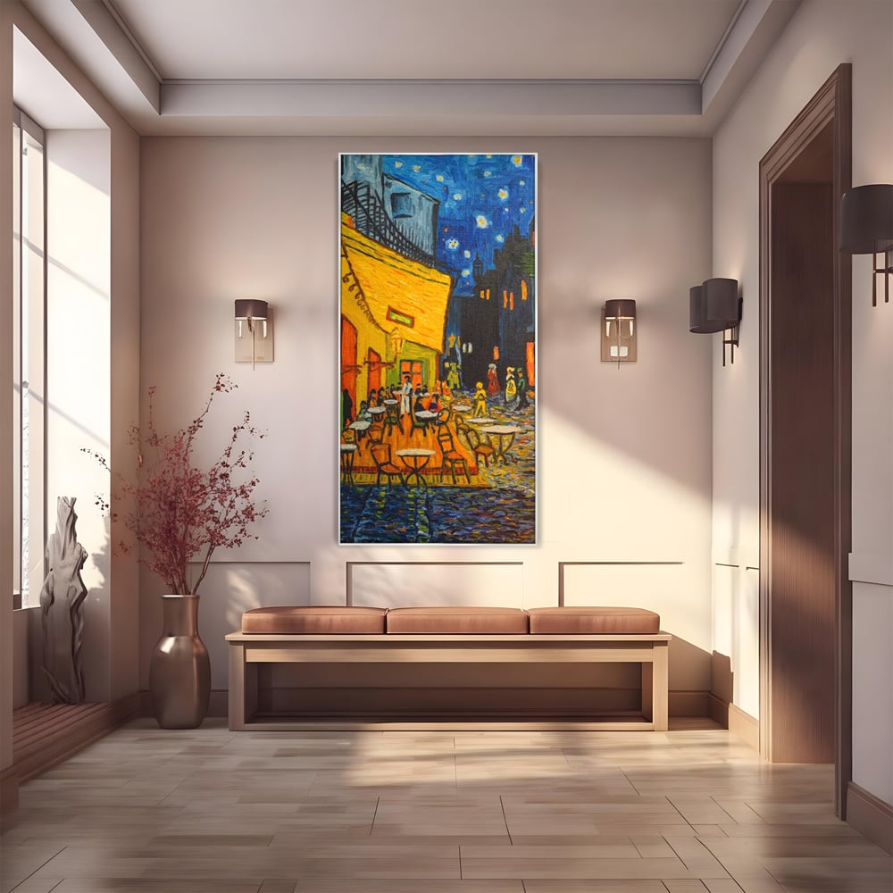 Tablou canvas cu tablou canvas cu terasa unei cafenele noaptea, in rama de aluminiu argintiu